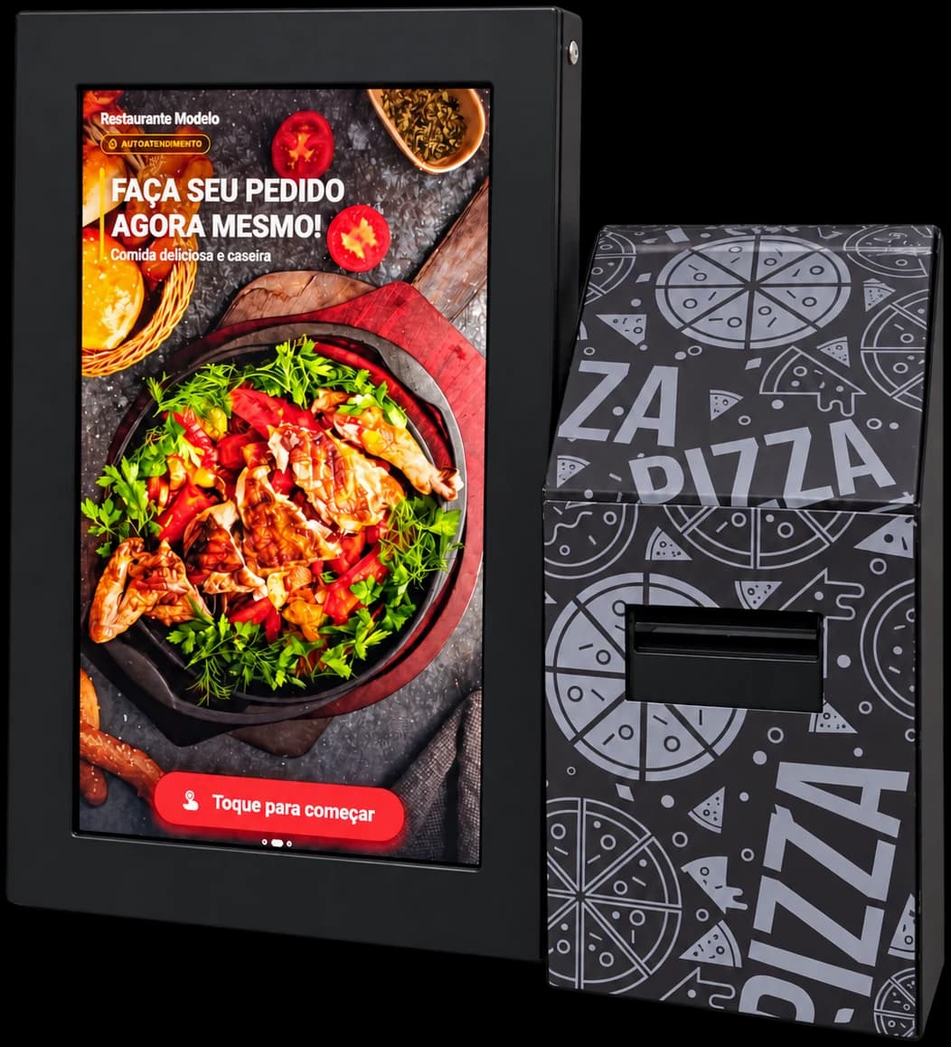 Totem de autoatendimento de balcão do Nexfood, com impressora