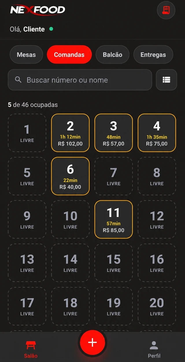 App do garçom do Nexfood: comandas ocupadas com tempo e valor, abas de mesas, comandas, balcão e entregas