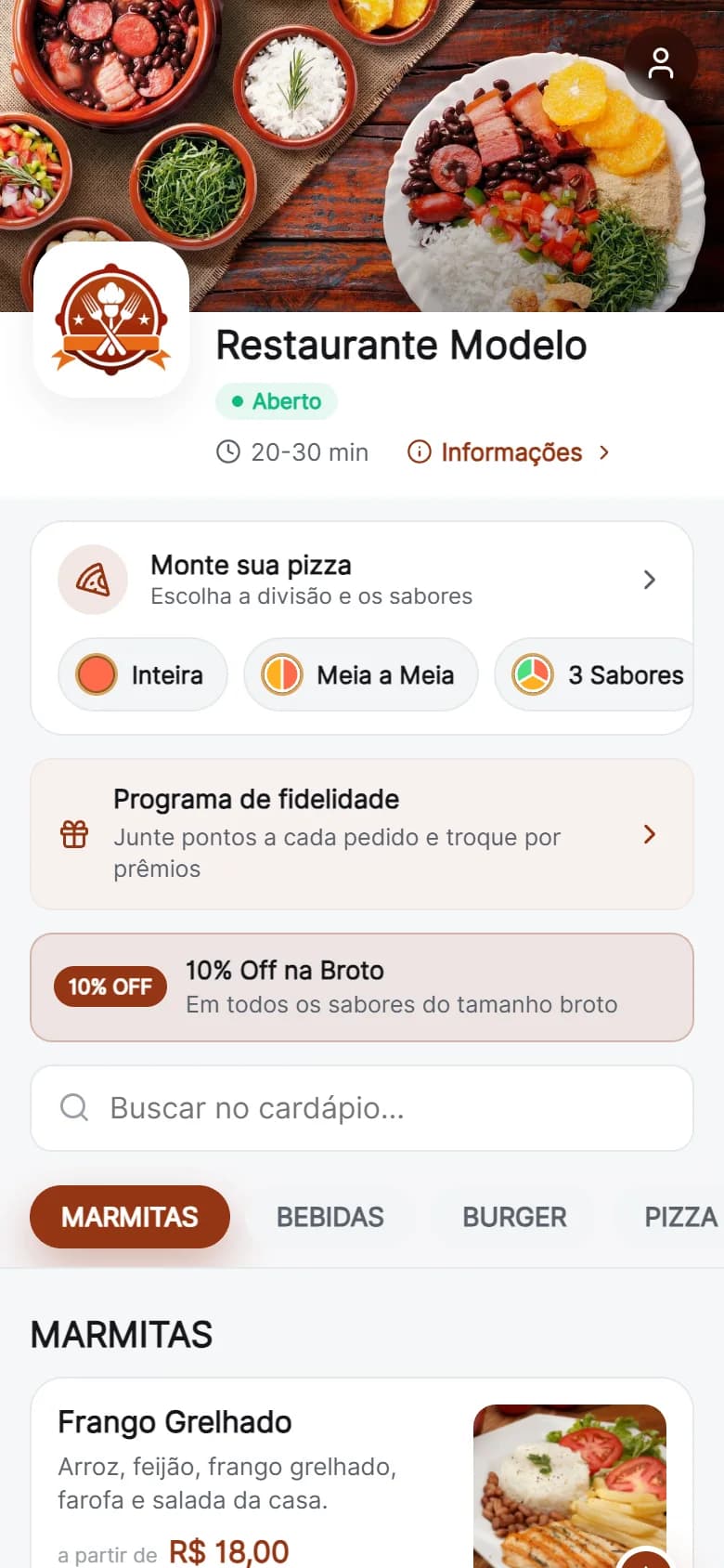 Cardápio digital do Restaurante Modelo: montador de pizza, fidelidade, promoções e categorias